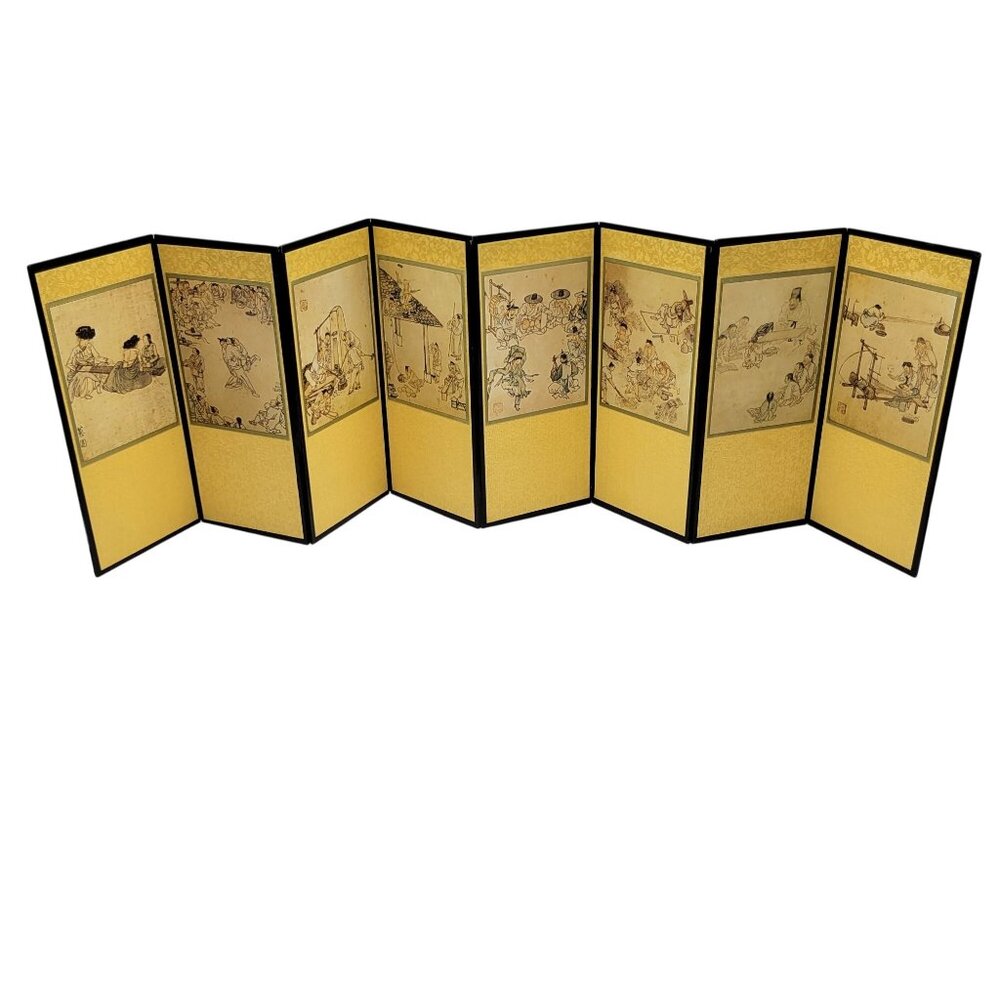 Vintage Folding Screen With Chinese Artwork Calligraphy Double Sided Panel Decor